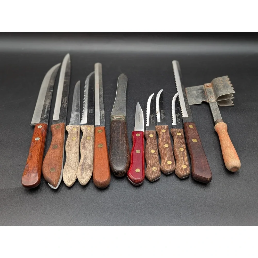 Mix Lot of 12 VTG Knife Knives Wood Handle Brass Rivets USA Chef Butcher Bread